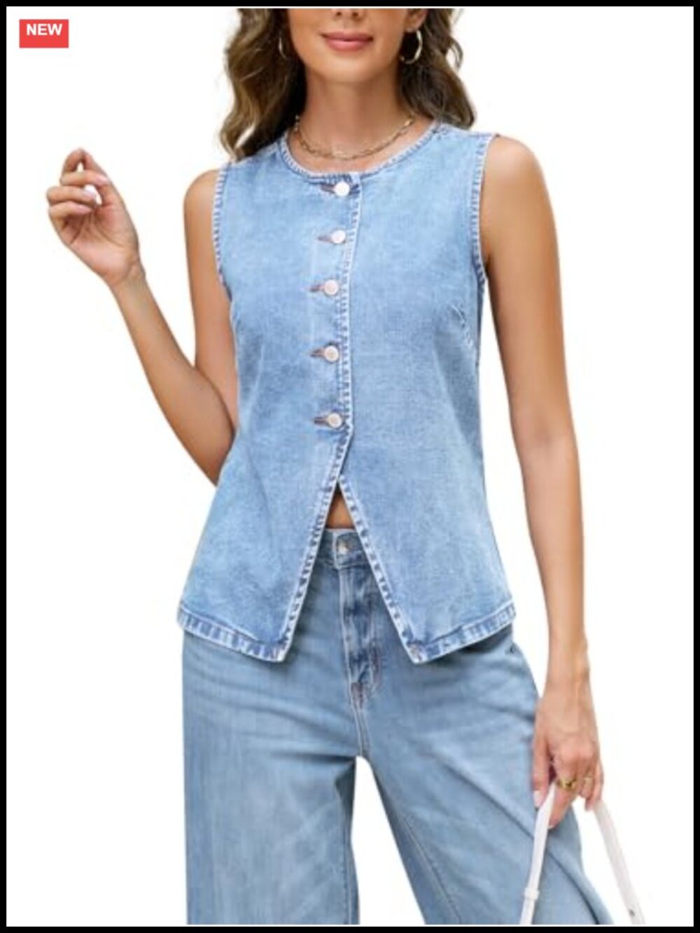 Women's Denim Vest - Sleeveless Button Down Jean Waistcoat - Long Length